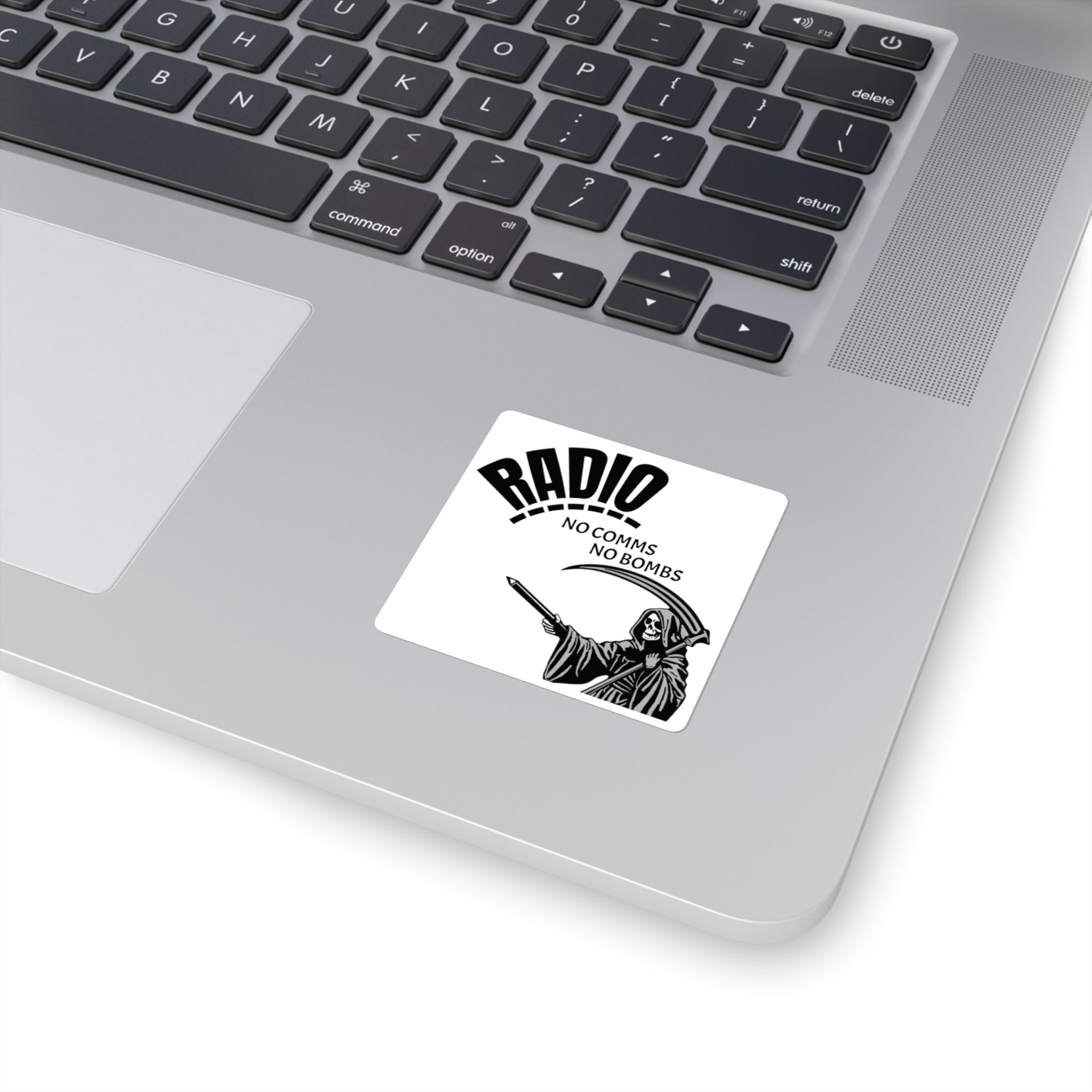 Radio — “No Comms No Bombs” Square Sticker